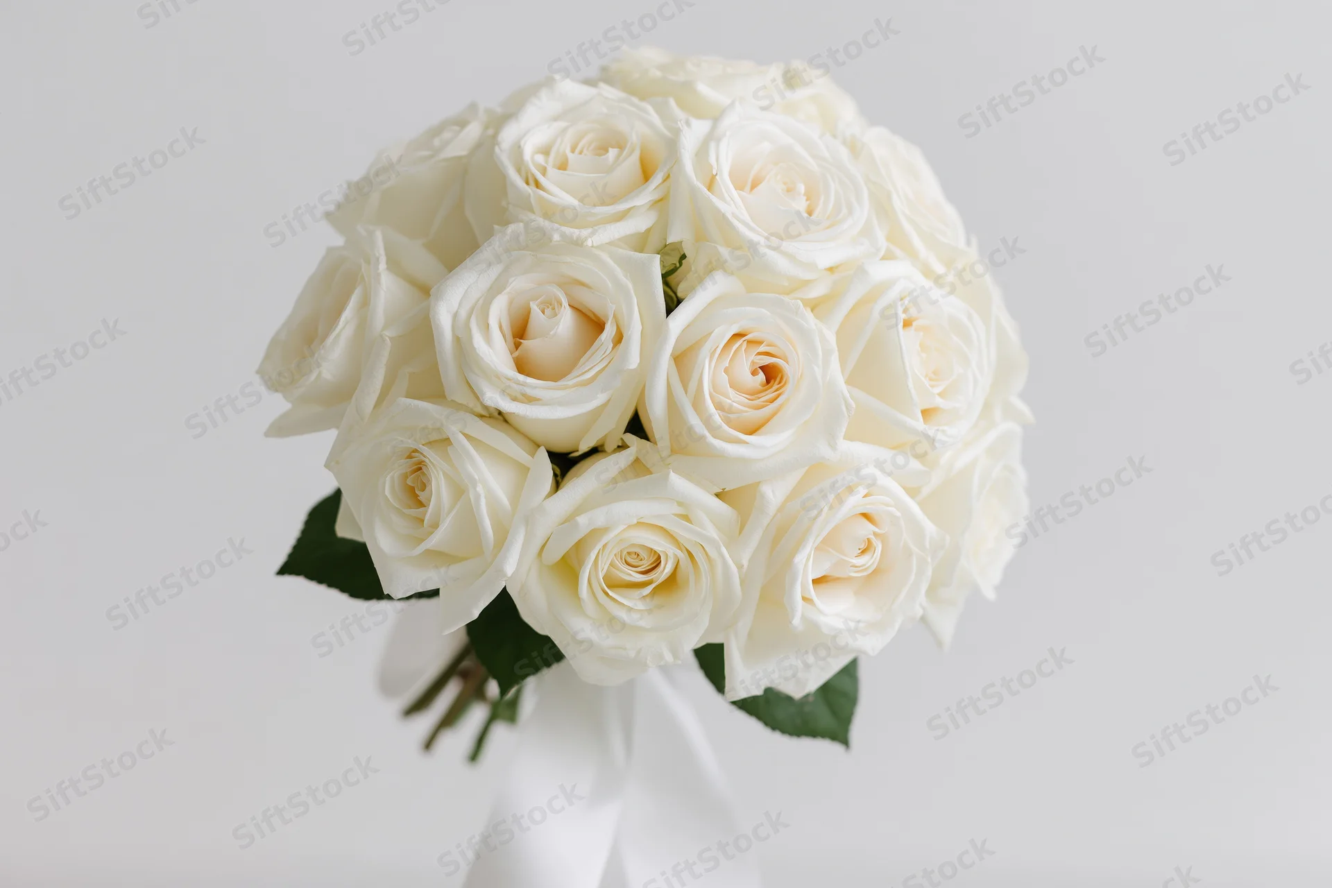 Bridal bouquet of tightly clustered white roses held upright against white background