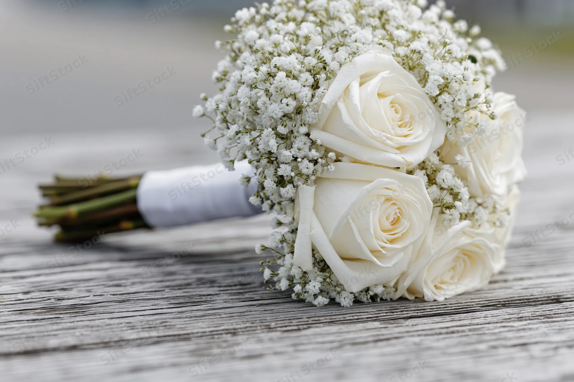 Bridal bouquet of white roses and baby's breath resting on a wooden surface