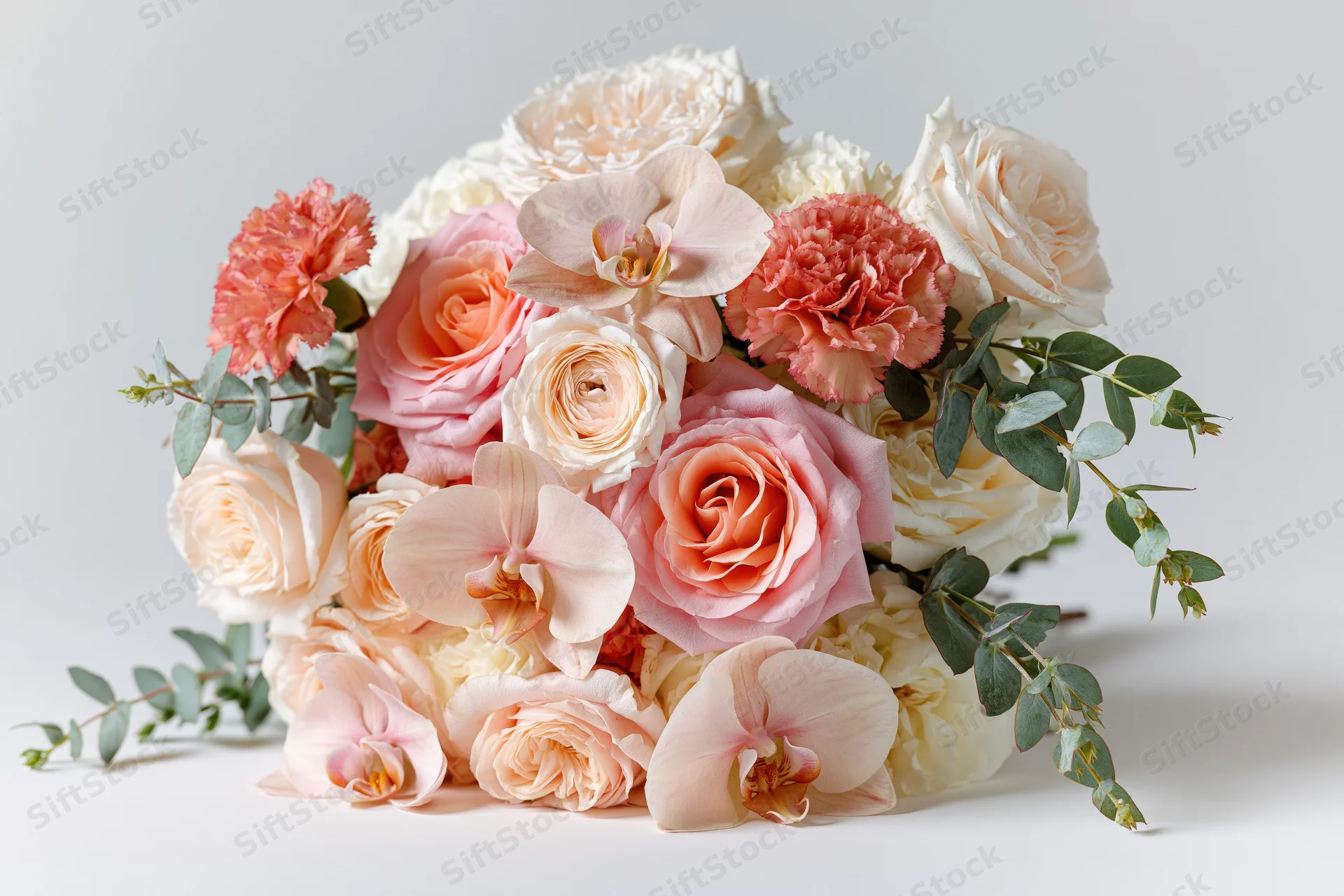 Bridal bouquet of pink and cream roses, orchids, and carnations with eucalyptus on white surface