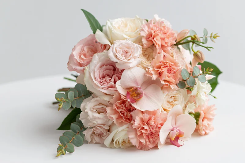 Bridal bouquet of pink and white roses, orchids, carnations, and eucalyptus resting on white surface