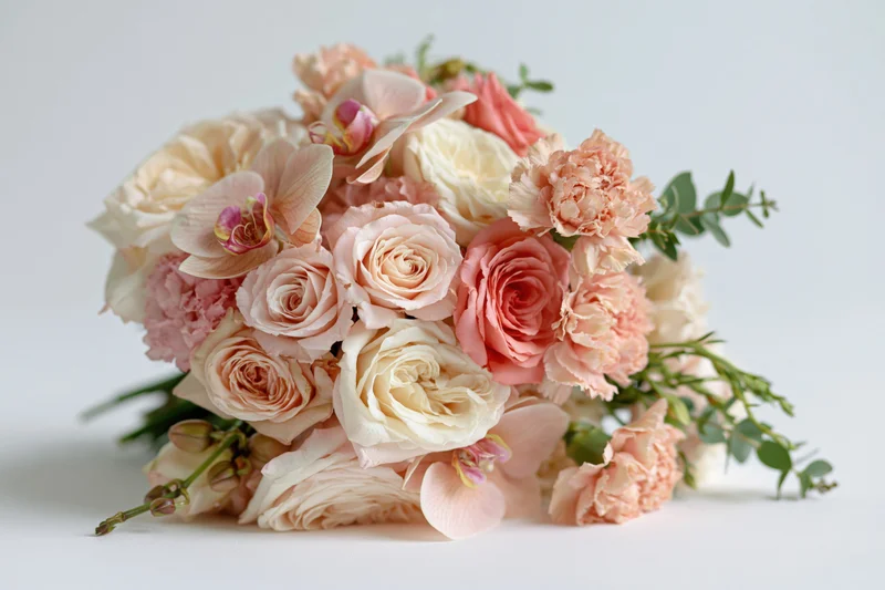 Bridal bouquet of pink and cream roses, orchids, and carnations with eucalyptus greenery resting on white surface
