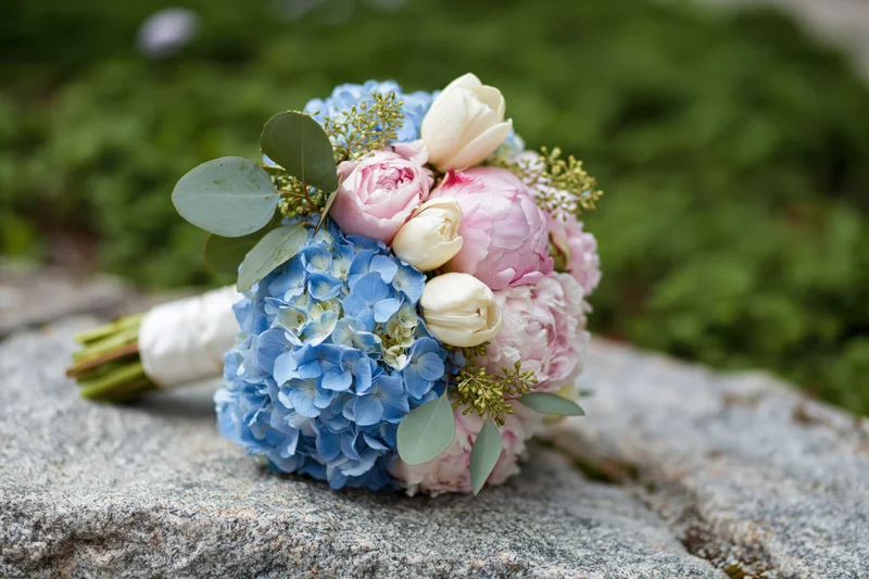 Bridal bouquet with blue hydrangeas, pink peonies and white tulips resting on a rough stone surface outdoors