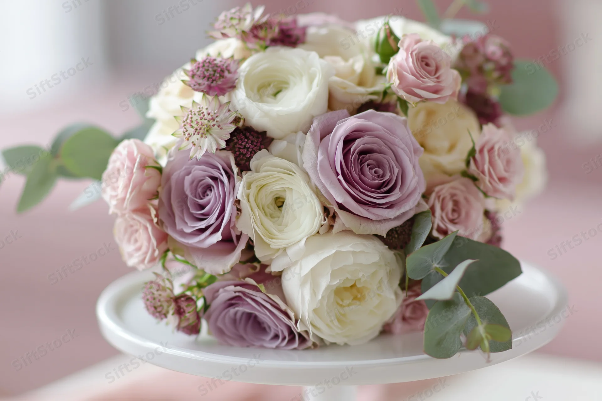 Bridal bouquet of white, pink and lavender roses with eucalyptus greenery resting on a white cake stand