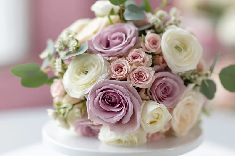 Bridal bouquet of pink, white and lavender roses with eucalyptus on a white cake stand