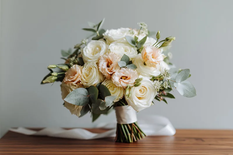 Bridal bouquet with cream and peach roses and eucalyptus on wooden table