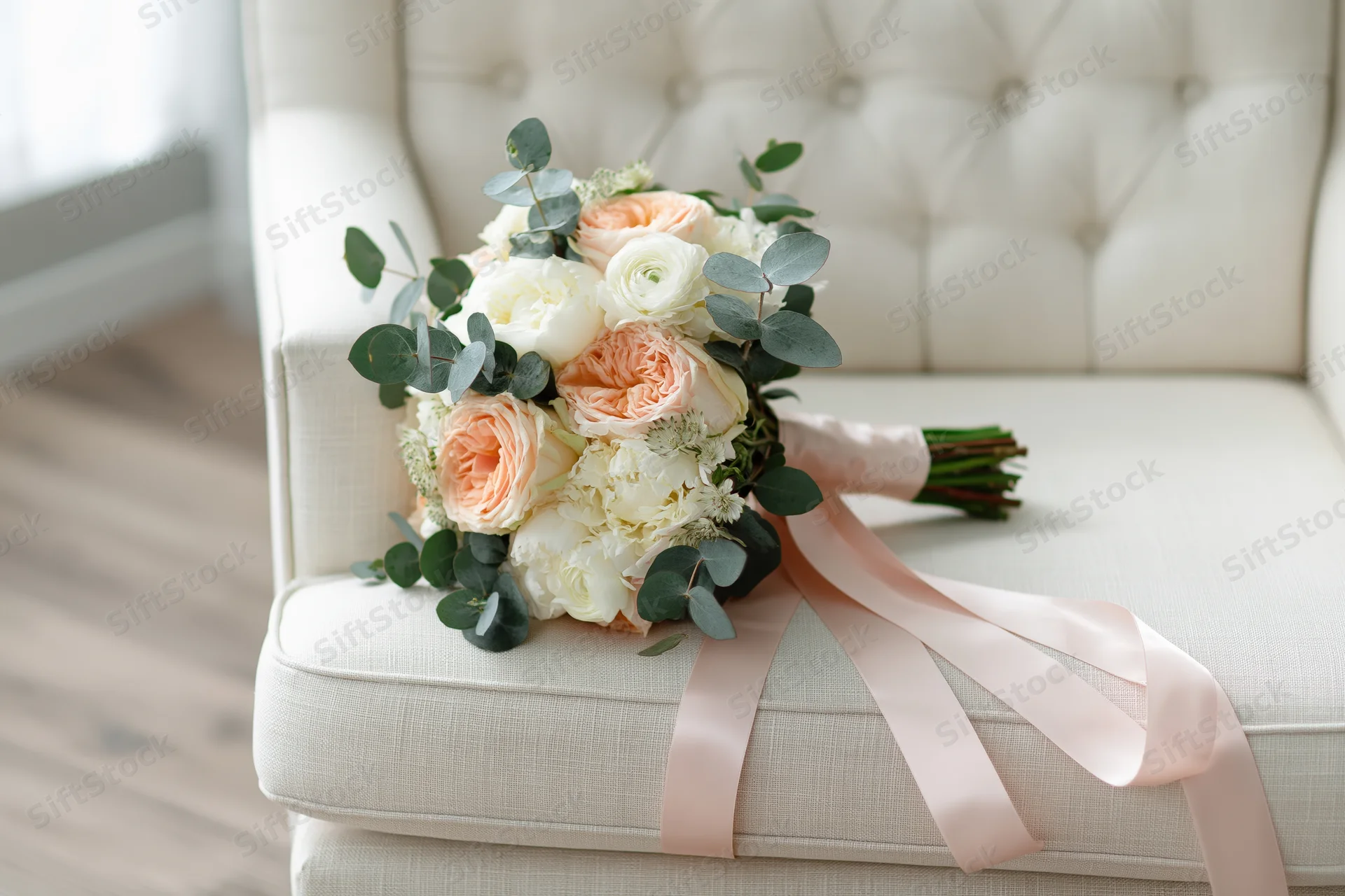 Bridal bouquet with roses and eucalyptus resting on tufted cream linen armchair