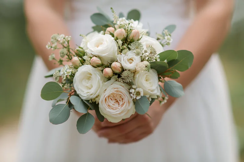 Bride holding a floral bouquet at waist height outdoors