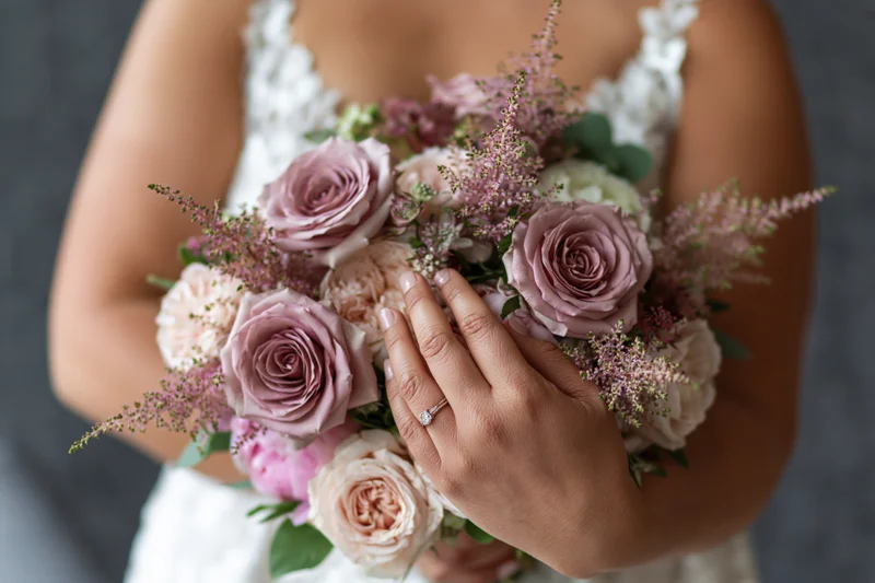 Bride holding a floral bouquet of dusty mauve roses and blush peonies in white lace dress