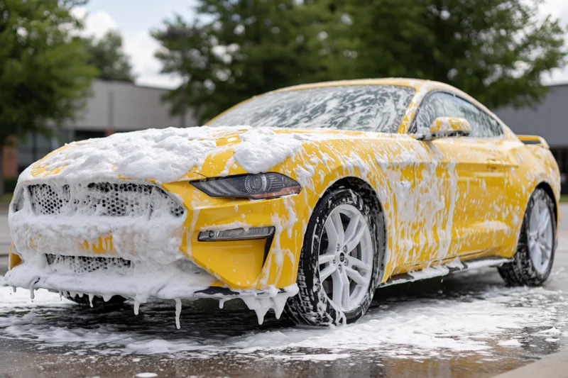 Bright yellow ford mustang coupe covered in thick white soap foam during outdoor car wash