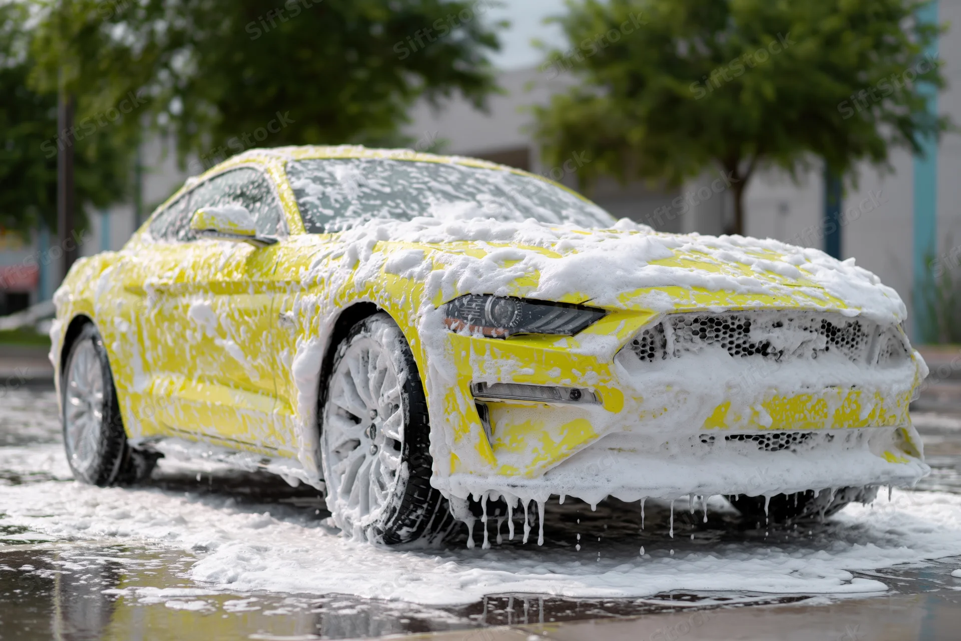 Bright yellow ford mustang coupe covered in thick white soap foam during outdoor car wash