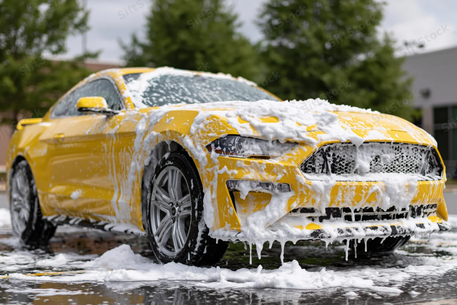 Bright yellow ford mustang coupe covered in thick white soap foam during outdoor car wash