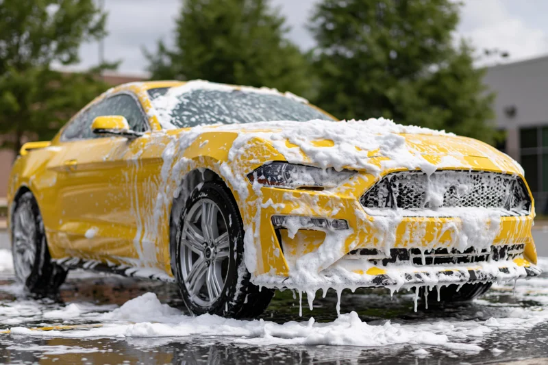 Bright yellow ford mustang coupe covered in thick white soap foam during outdoor car wash
