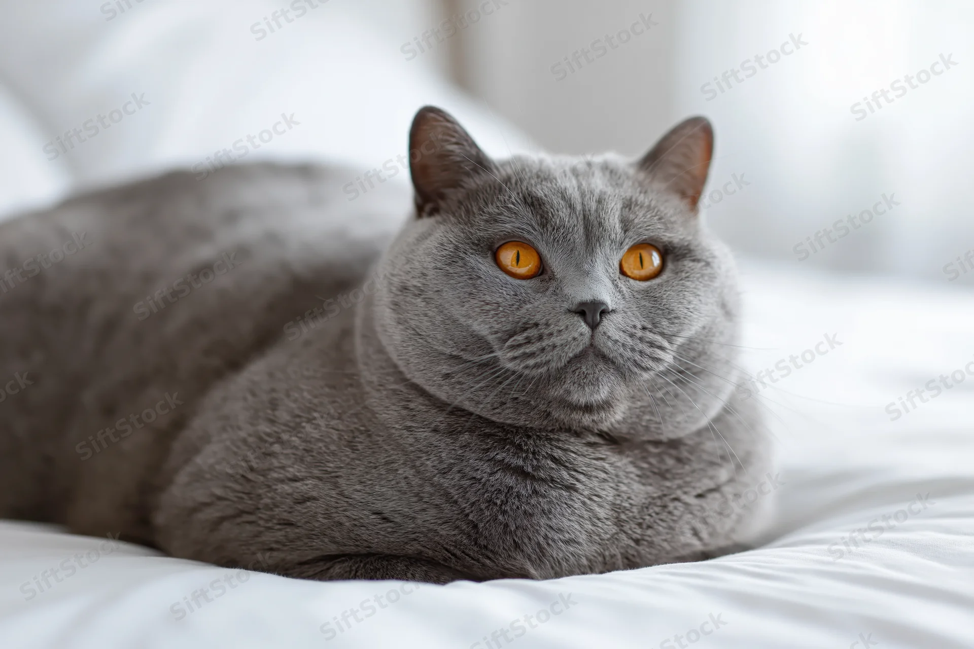 Grey britishshorthair cat lying on white bedding in a bedroom