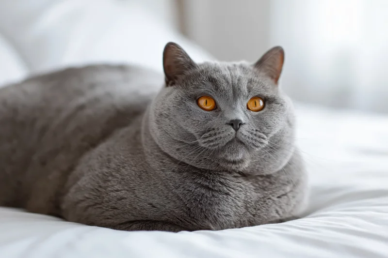 Grey britishshorthair cat lying on white bedding in a bedroom