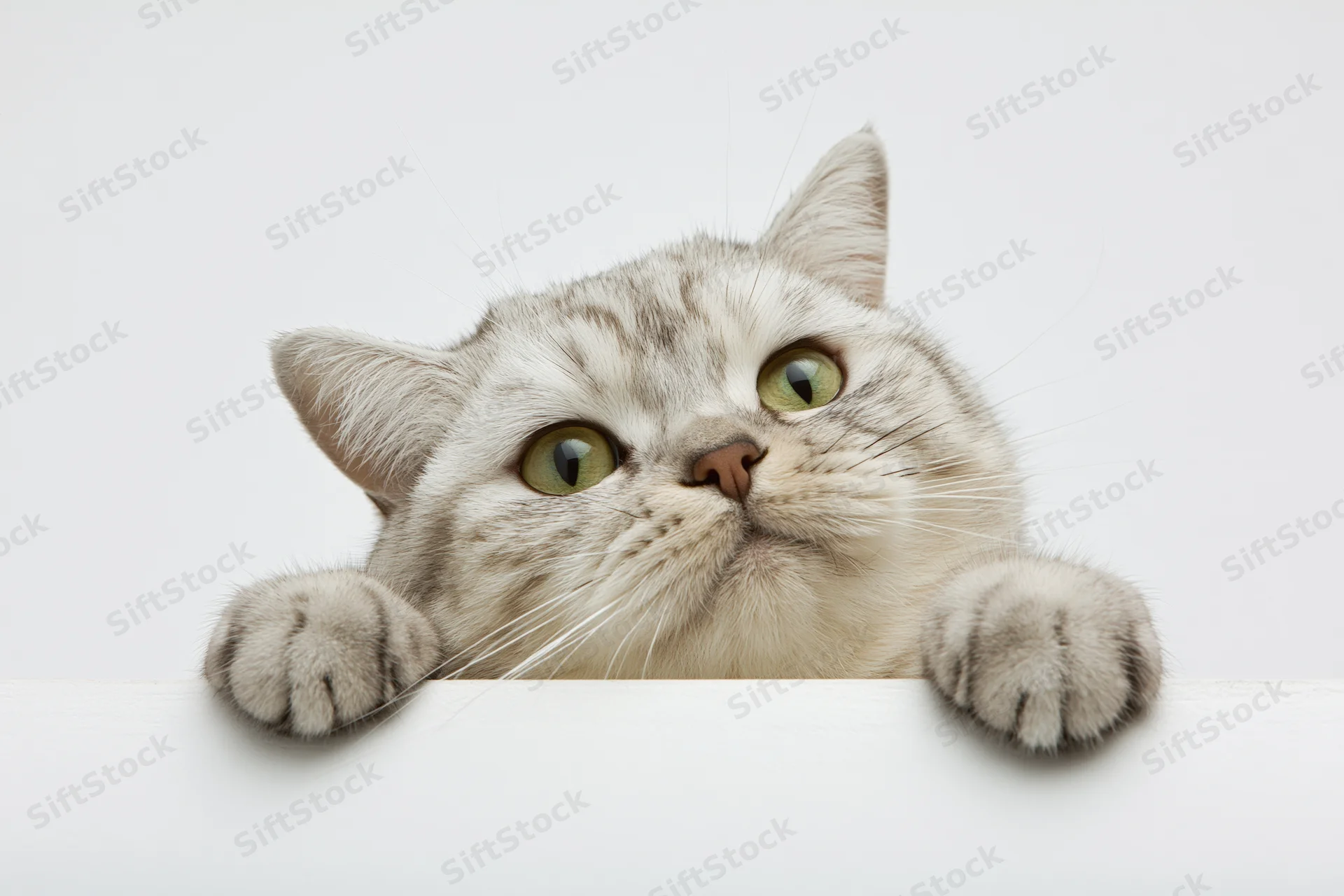 Britishshorthair cat peering over white surface with paws and green eyes visible