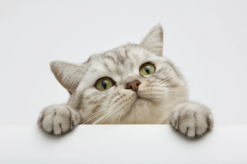 Britishshorthair cat peering over white surface with paws and green eyes visible
