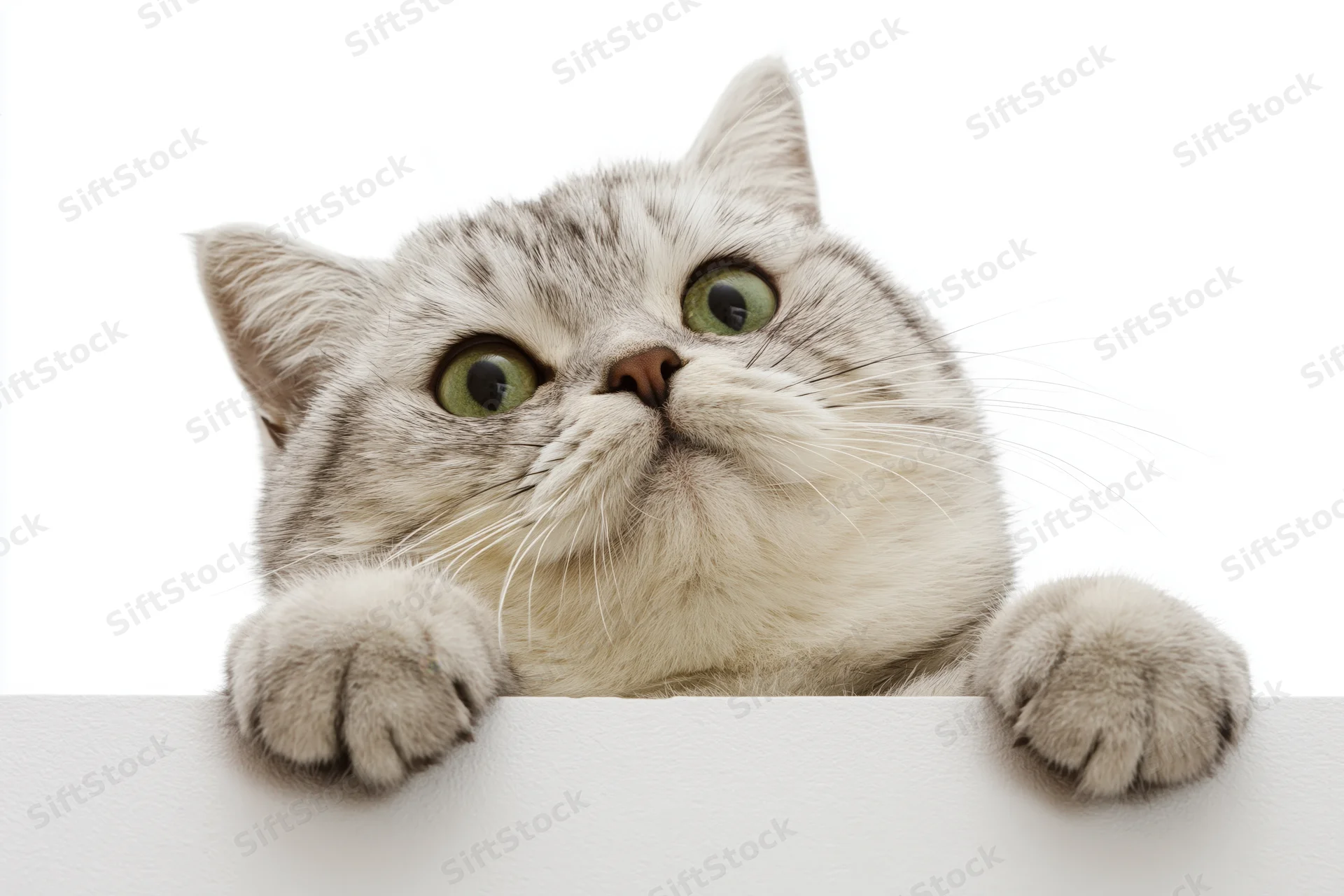 Britishshorthair cat peering over white surface with paws and green eyes visible