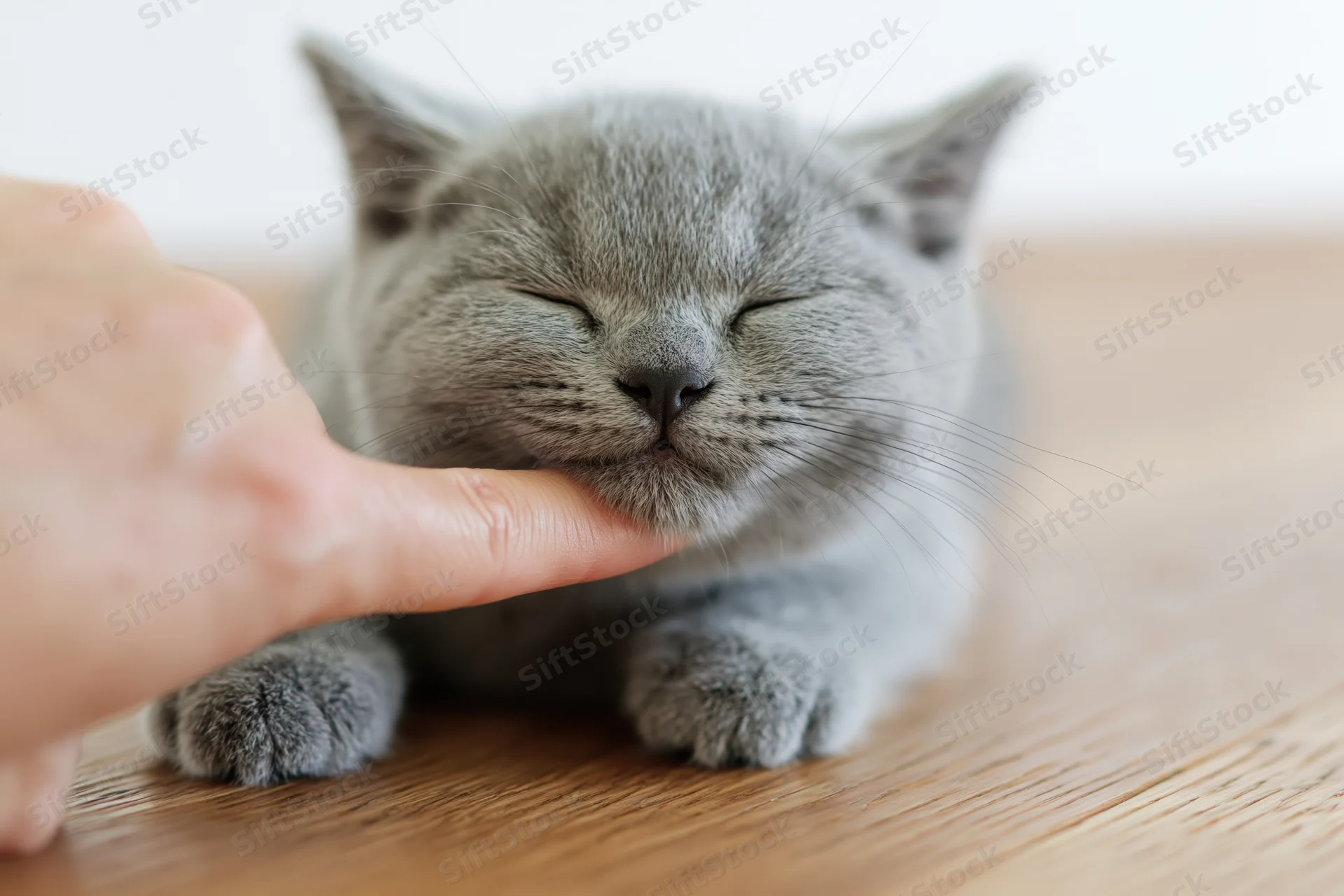Gray british shorthair kitten sleeping on wooden floor being gently touched by a finger