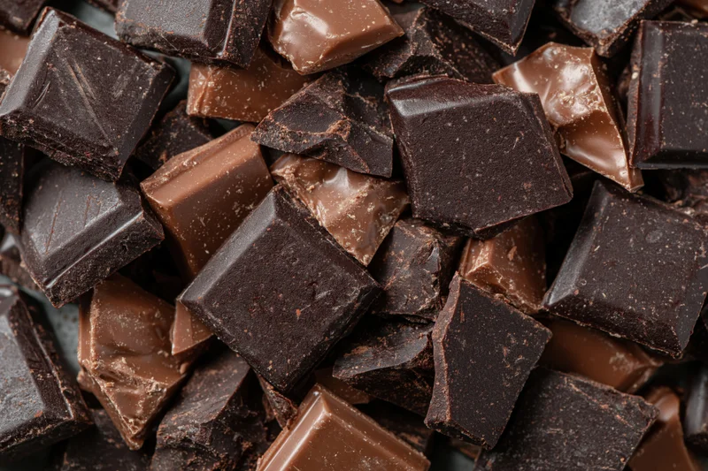 Broken chocolate pieces piled loosely filling the frame in closeup view