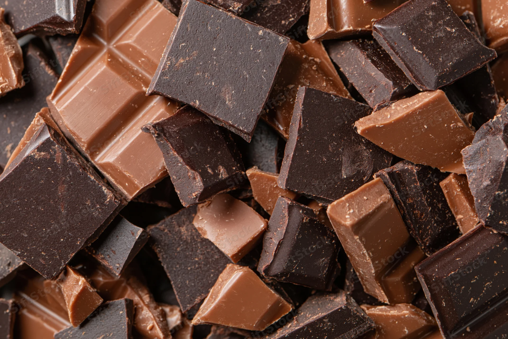 Broken chocolate chunks piled together in a close-up view