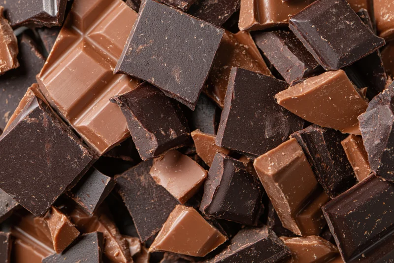 Broken chocolate chunks piled together in a close-up view