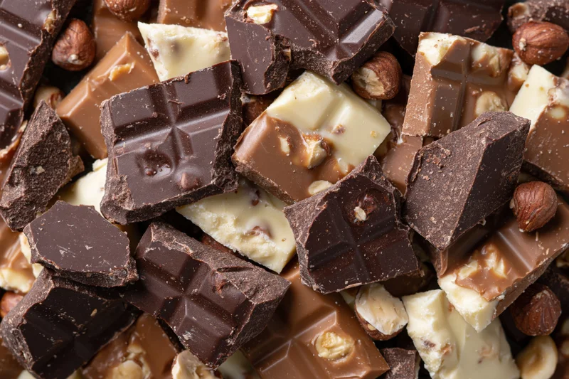 Broken chocolate pieces with hazelnuts piled together in a closeup view