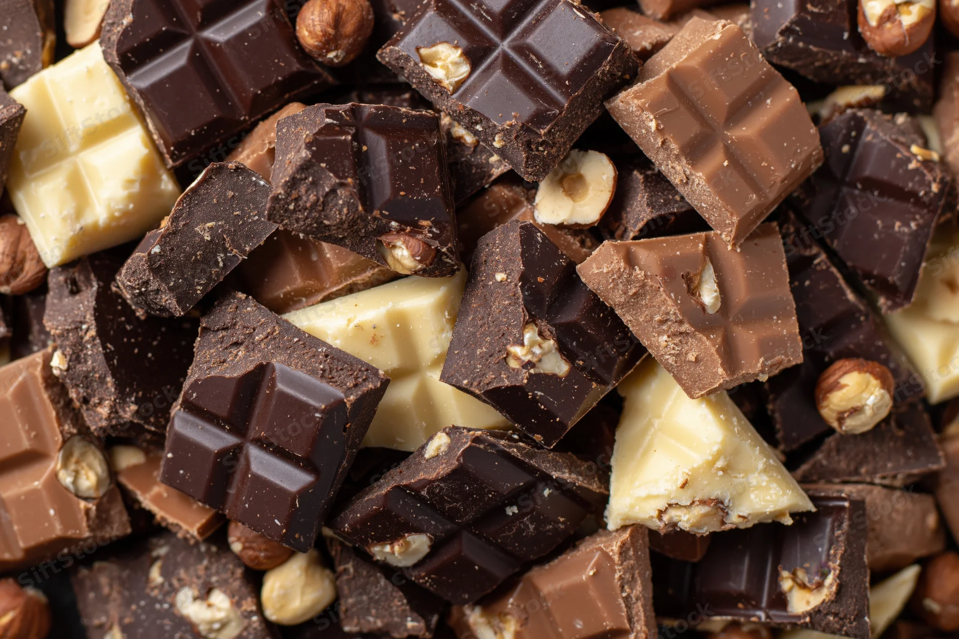 Broken chocolate pieces with hazelnuts piled in a chaotic heap closeup