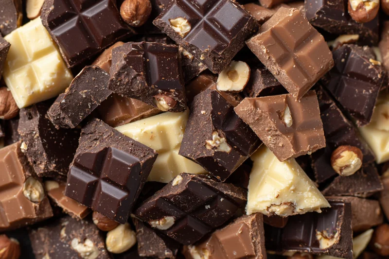 Broken chocolate pieces with hazelnuts piled in a chaotic heap closeup