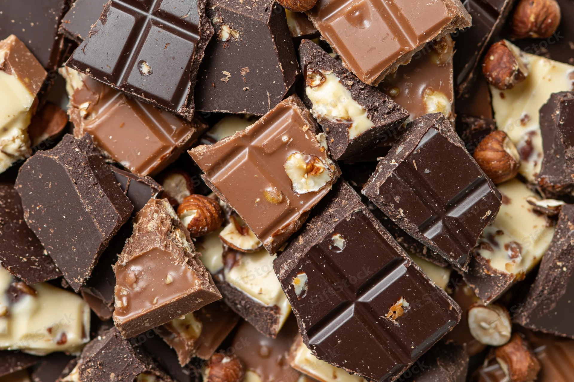 Broken chocolate pieces piled together in a chaotic heap filling the frame