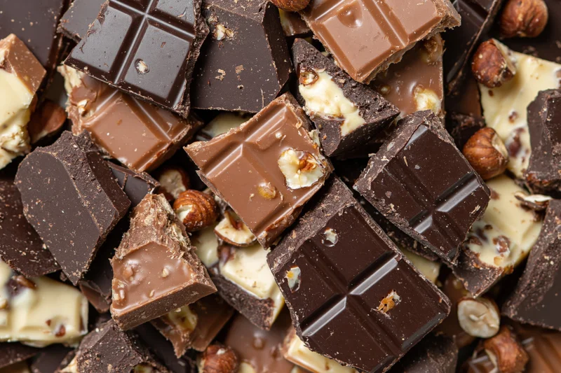 Broken chocolate pieces piled together in a chaotic heap filling the frame