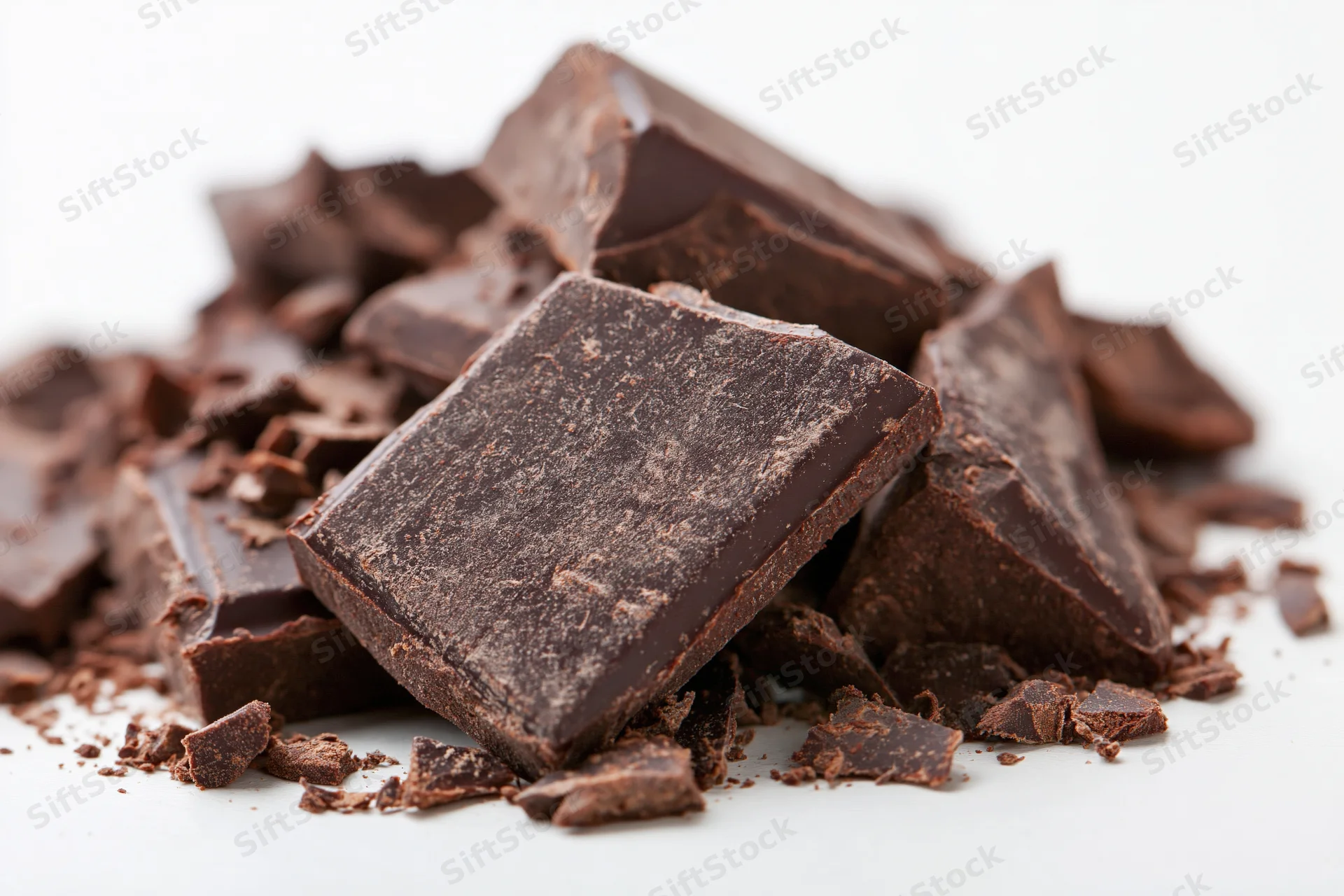 Broken dark chocolate chunks piled loosely on white background