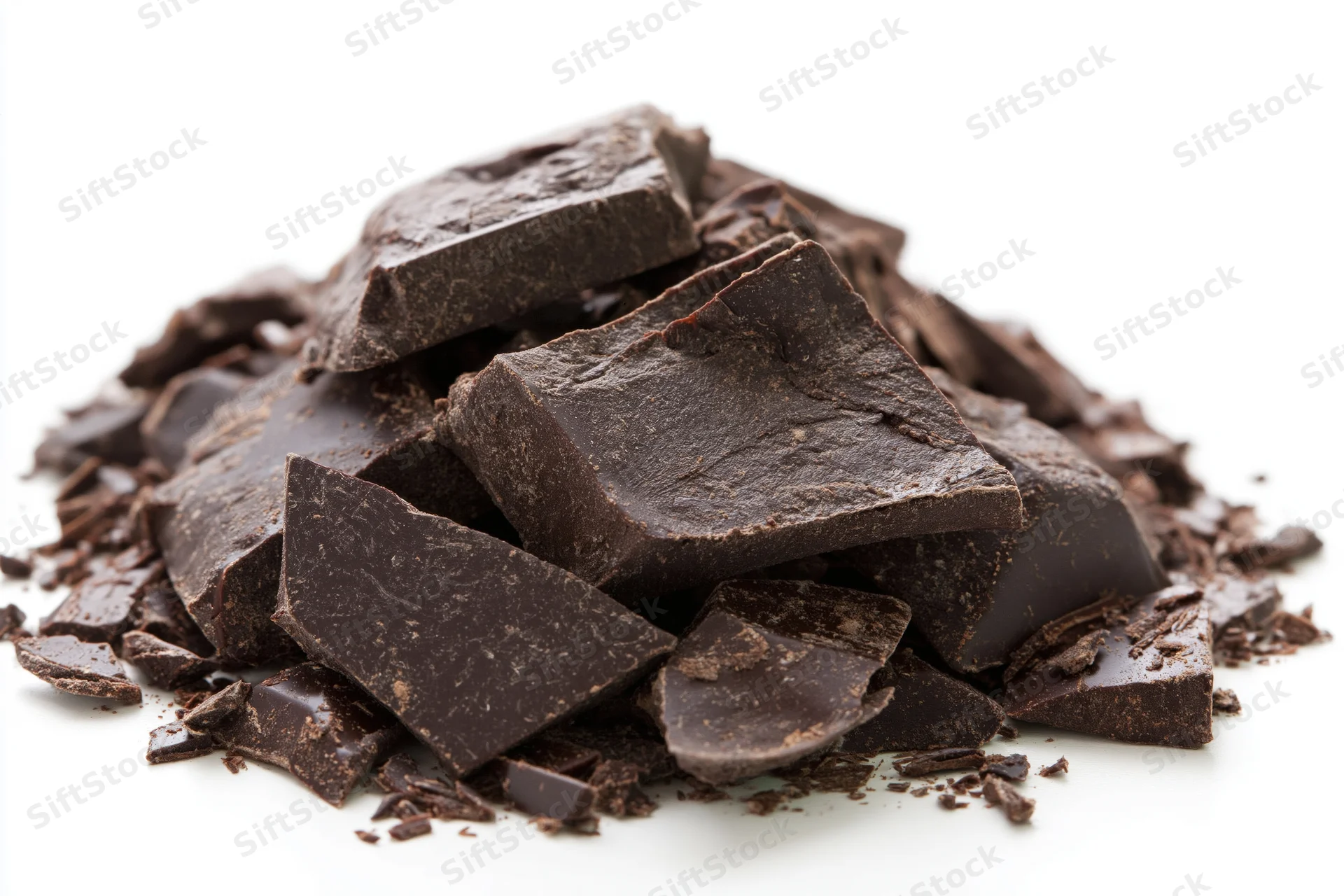 Broken dark chocolate chunks piled loosely on white background