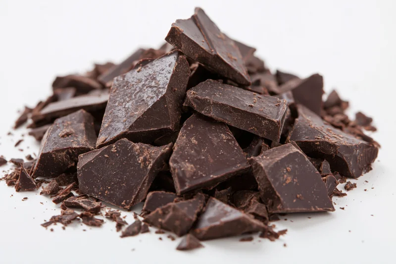 Broken dark chocolate chunks piled loosely on white background