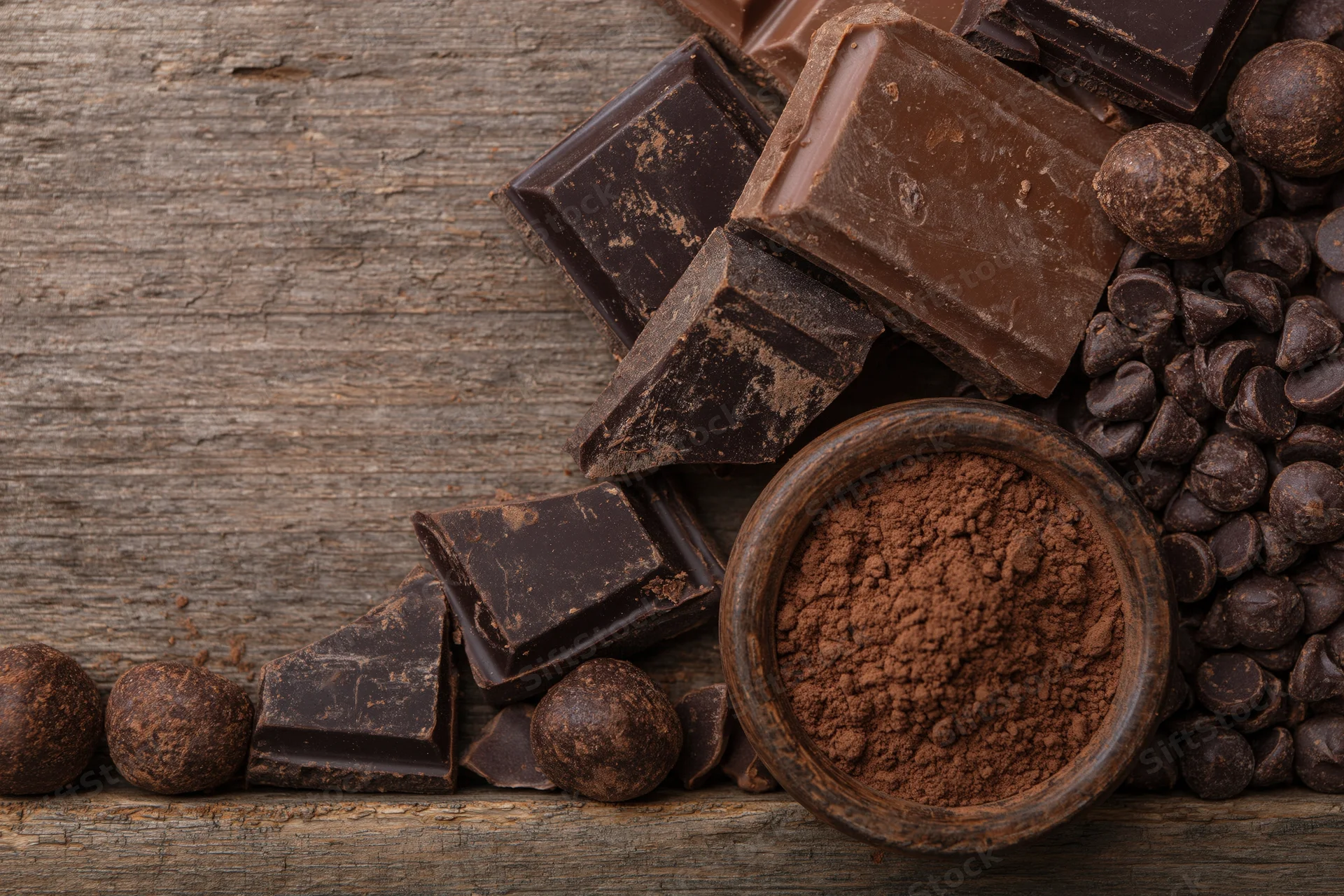 Broken dark and milk chocolate bars with cocoa truffles and powder on rustic wooden surface