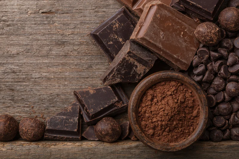 Broken dark and milk chocolate bars with cocoa truffles and powder on rustic wooden surface