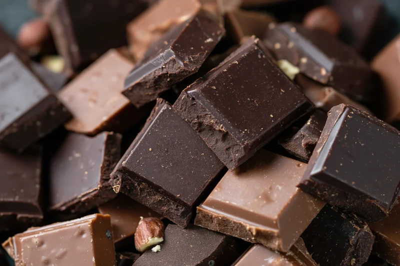 Broken dark and milk chocolate pieces scattered in a pile