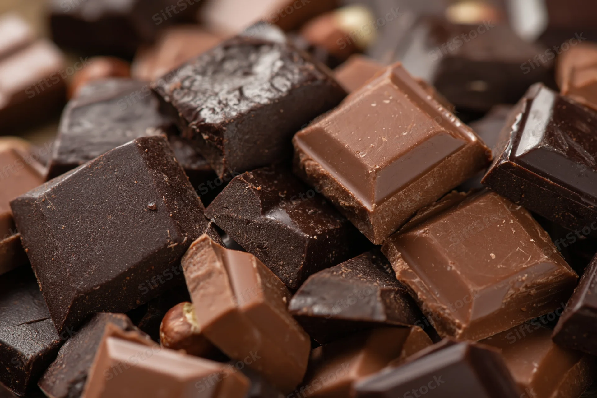 Broken dark and milk chocolate bars scattered in a pile closeup