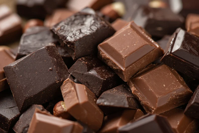 Broken dark and milk chocolate bars scattered in a pile closeup