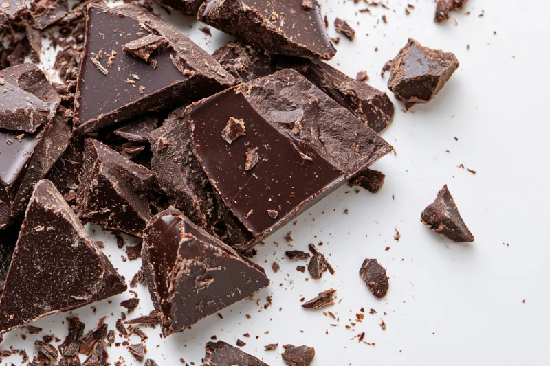 Broken dark chocolate pieces and crumbs scattered on white surface