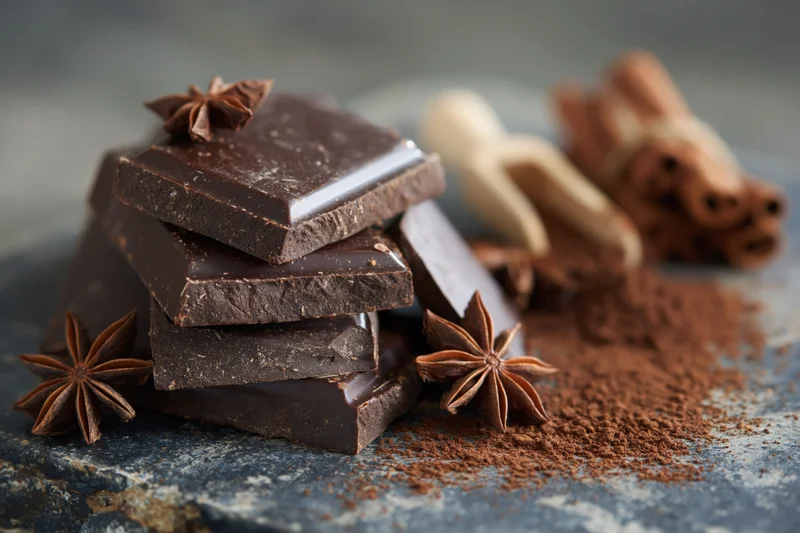 Broken dark chocolate squares stacked in a loose pile on a stone surface with star anise, cinnamon sticks and cocoa powder scattered around
