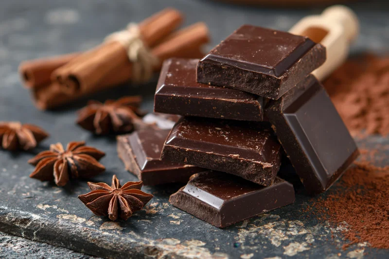 Broken dark chocolate squares stacked on a slate surface with cinnamon sticks and star anise around