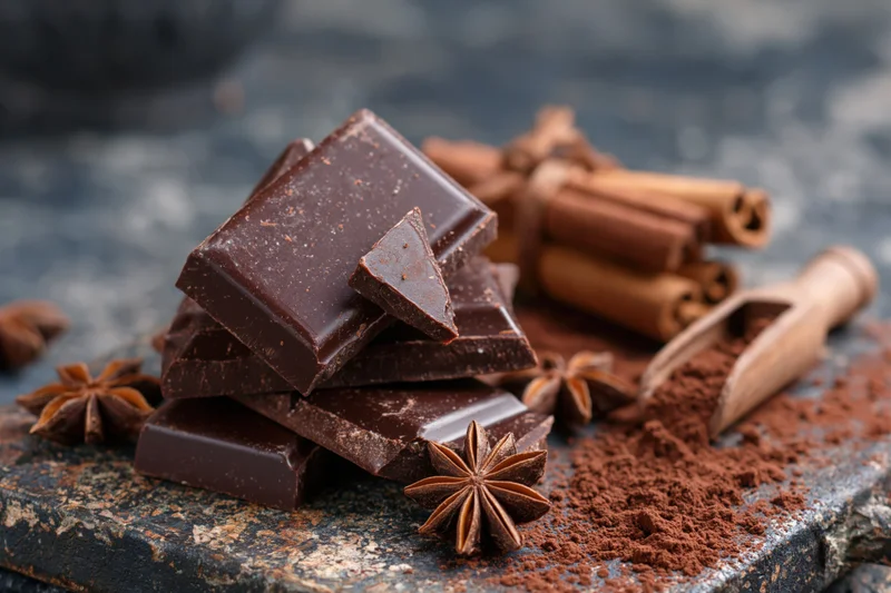 Broken dark chocolate squares stacked on a slate surface with cinnamon sticks, star anise, and cocoa powder