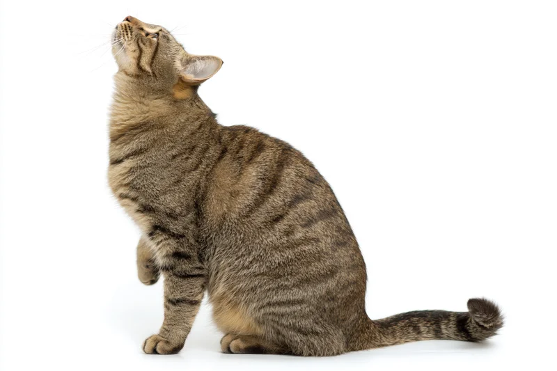 Brown tabby cat sitting in profile with head tilted back against white background