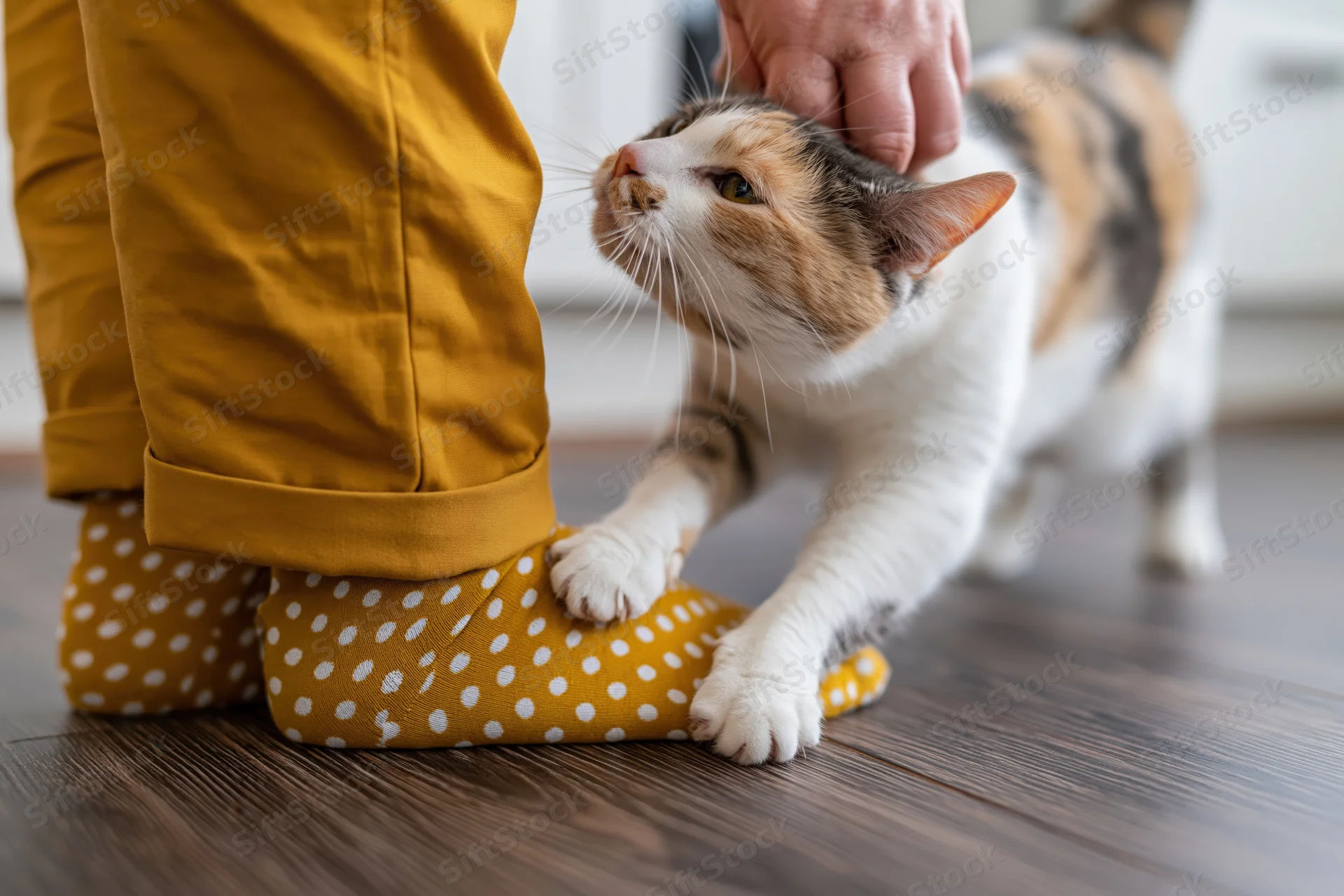 Calico cat nuzzling a person's hand while standing on yellow polka-dot socks on a wooden floor