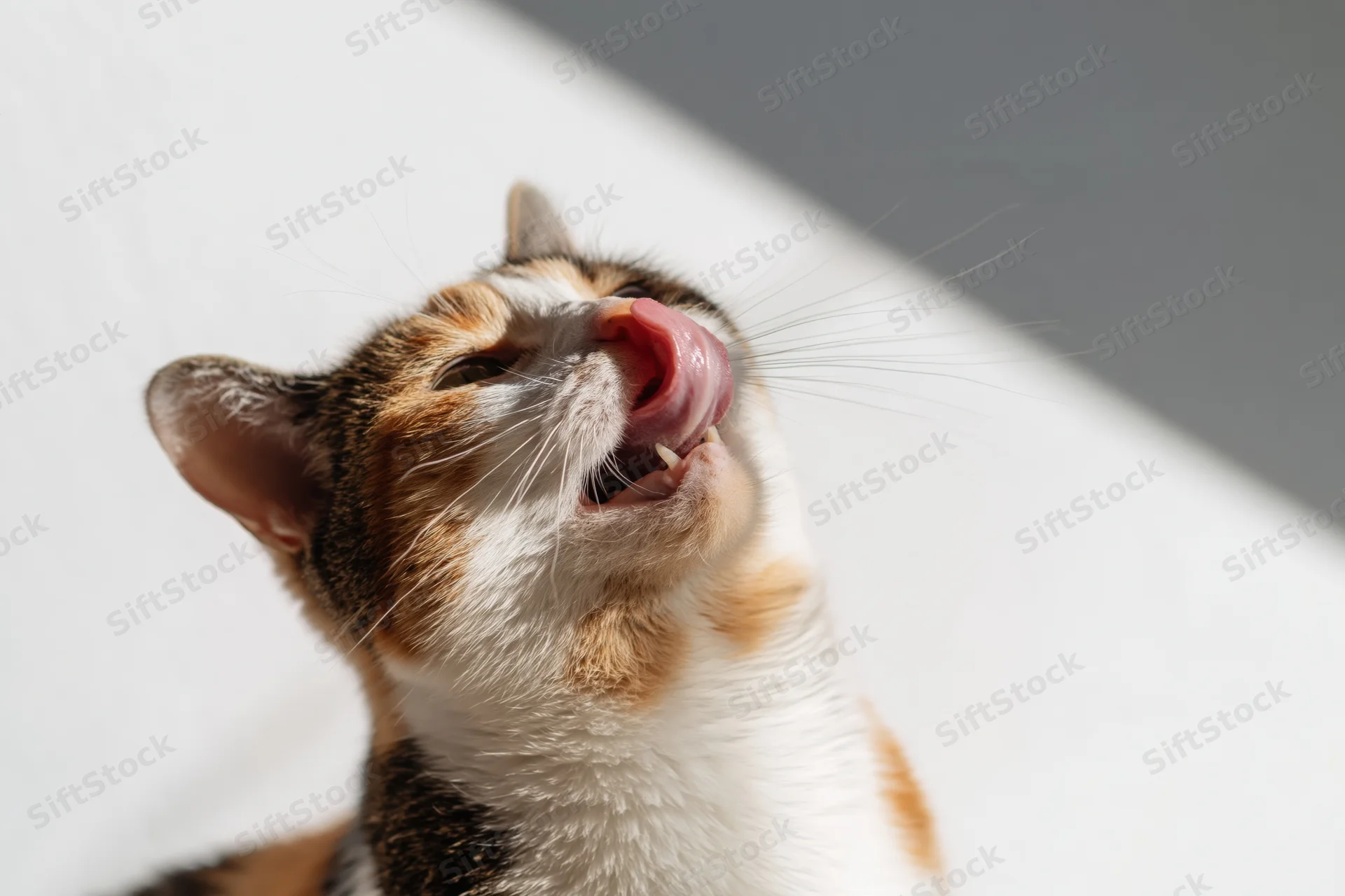 Calico cat licking its face upward in bright sunlight indoors