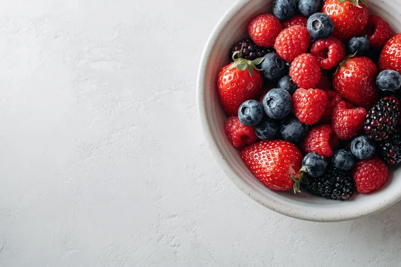 Ceramic bowl filled with mixed fresh berries on white textured surface