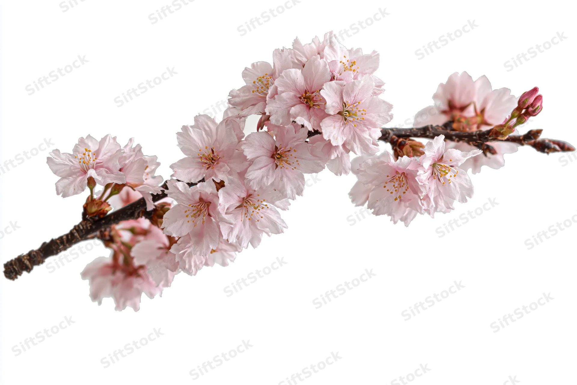 Cherry blossom branch in full bloom arching diagonally across white background