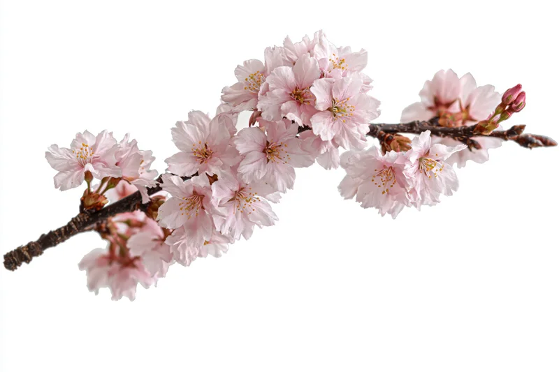 Cherry blossom branch in full bloom arching diagonally across white background