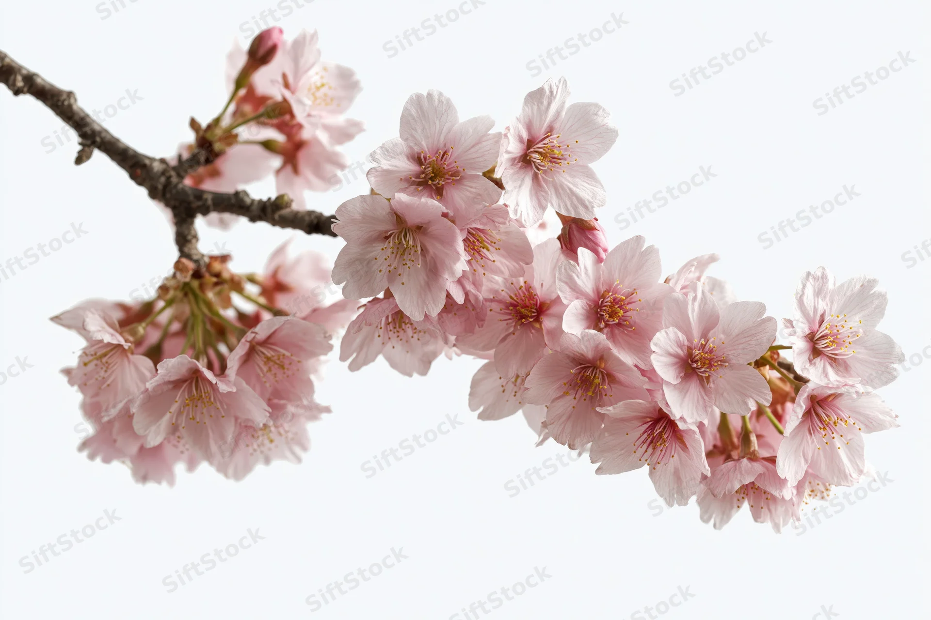 Cherry blossom branch in full bloom arching diagonally across a white background