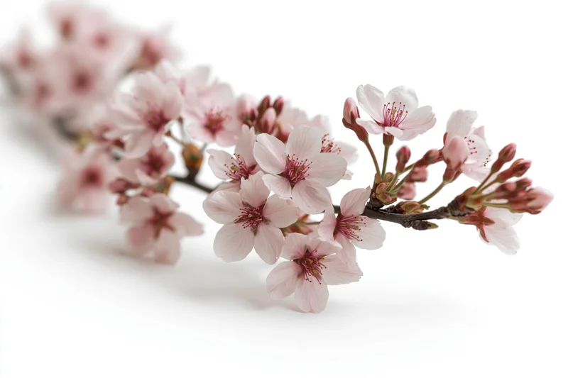 Cherry blossom branch with pale pink flowers and buds on white background